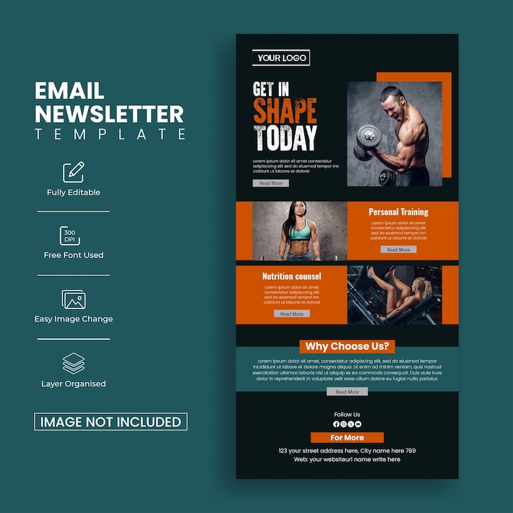 Vettore modello di newsletter di e-mail per palestra e fitness per l'interfaccia di layout della pagina web