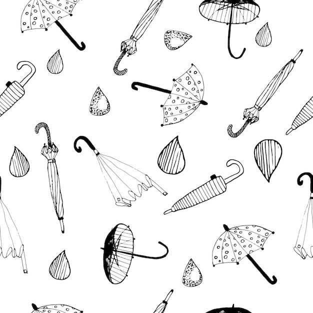 Modello di ombrelli e drobs di schizzo di doodle