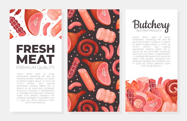 Vettore modello di opuscolo per la carne fresca pubblicità per il mercato della macelleria illustrazione vettoriale del volantino della carta promozionale