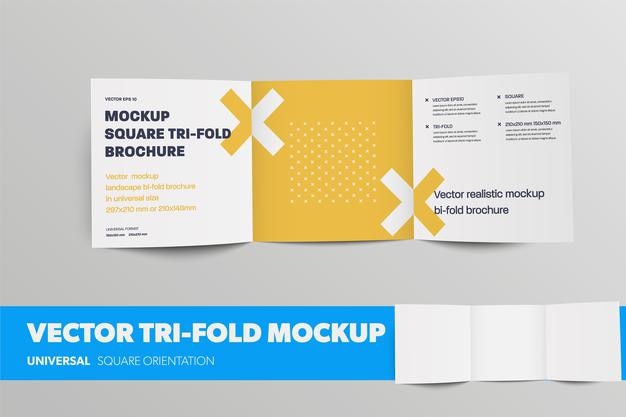 Modello di opuscolo vettoriale aperto, piegatura tripla quadrata standard, con ombre realistiche, isolato su sfondo. Brochure aziendale bianca vuota mockup, catalogo piegato in rotolo, vista interna, per la presentazione del design