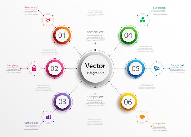 Modello di opzioni numero infografica con cerchi colorati e 6 passaggi
