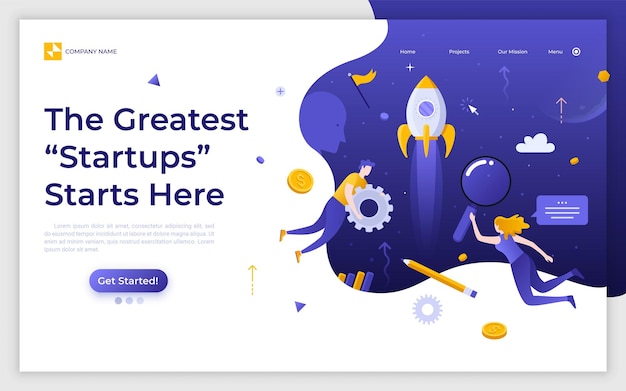 Modello di pagina di destinazione con astronave volante o razzo spaziale e coppia di persone che galleggiano a gravità zero Lancio di un progetto imprenditoriale di avvio Illustrazione vettoriale piatta moderna per la pagina Web del sito Web