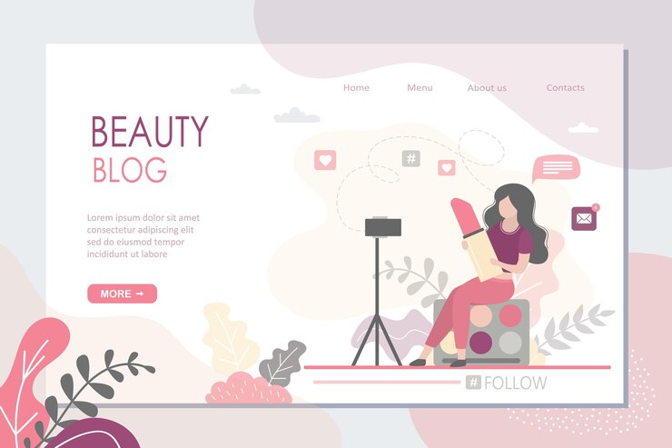 Vettore modello di pagina di destinazione del blog di bellezza blogger donna che fa recensioni di cosmetici e registra video