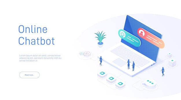 Modello di pagina di destinazione del chatbot online Dialogo sullo schermo del laptop 3d illustrazione isometrica