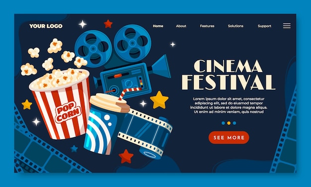 Modello di pagina di destinazione del cinema piatto disegnato a mano con elementi cinematografici
