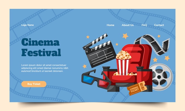 Modello di pagina di destinazione del cinema piatto disegnato a mano con elementi cinematografici