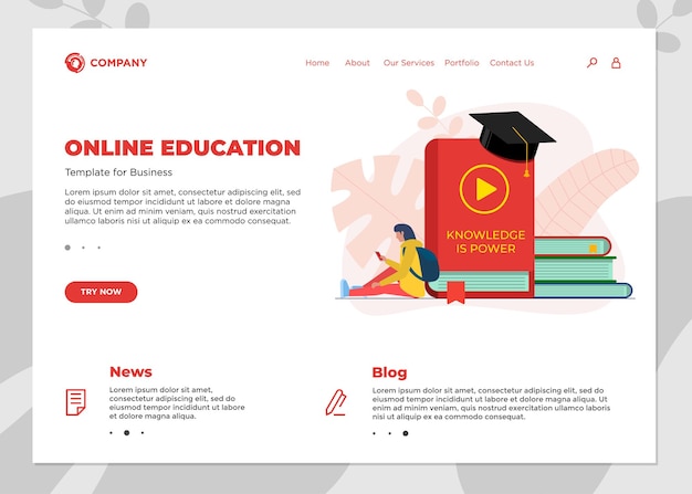 Modello di pagina di destinazione del corso di formazione online. E-learning web design mock up con studentessa e molti libri. Illustrazione del concetto di vettore di webinar di conoscenza e apprendimento a distanza di Internet