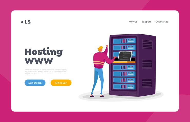 Vettore modello di pagina di destinazione del data center. personaggio maschile ingegnere lavora al computer portatile in sala server