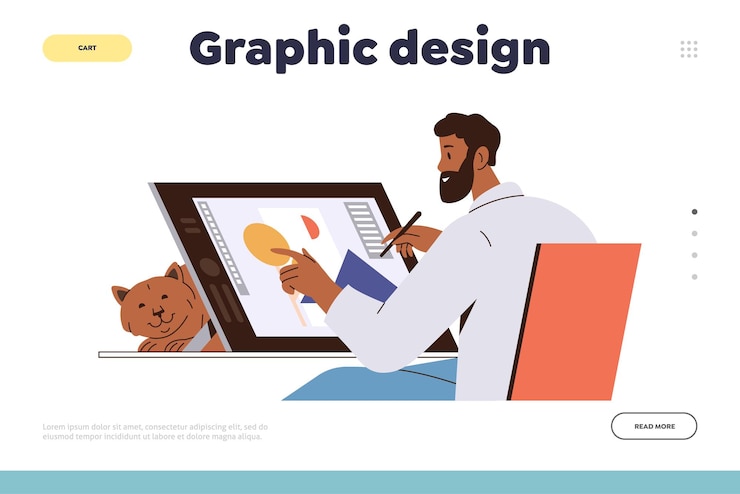 Vettore modello di pagina di destinazione del design grafico con personaggio maschile che disegna un'immagine digitale su tablet