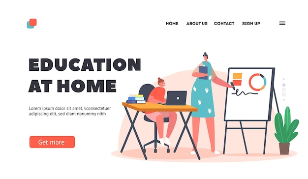 Modello di pagina di destinazione della casa di istruzione Madre Personaggio Aiuta Figlia con i compiti Bambino seduto al tavolo con il laptop