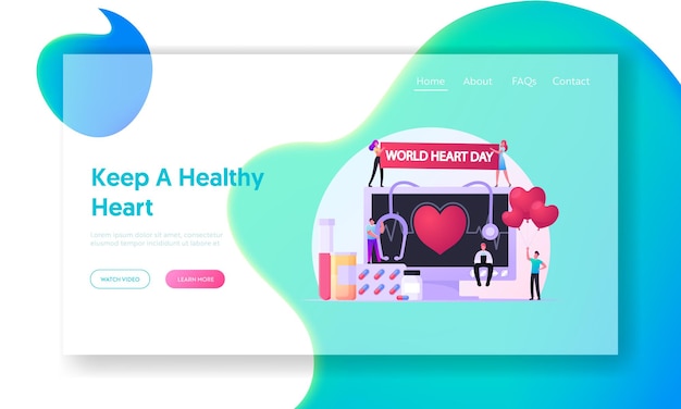 Modello di pagina di destinazione della Giornata mondiale del cuore. Personaggi minuscoli a monitor enorme con pulsazioni cardiache, stetoscopio e flaconi medicinali. Prevenzione delle malattie cardiologiche. Illustrazione di vettore della gente del fumetto