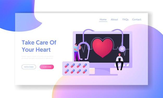 Modello di pagina di destinazione della Giornata mondiale del cuore. Personaggi minuscoli del medico e del paziente su un monitor enorme con impulso, stetoscopio o blister di medicinali. Prevenzione delle malattie cardiologiche. Illustrazione di vettore della gente del fumetto