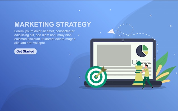 Modello di pagina di destinazione della strategia di marketing. Concetto di design piatto di progettazione di pagine Web per sito Web.