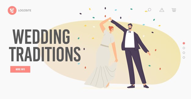 Modello di pagina di destinazione delle tradizioni nuziali. Felice coppia di sposini ballare durante la celebrazione. Just Married sposi personaggi danza, cerimonia di matrimonio. Cartoon persone illustrazione vettoriale