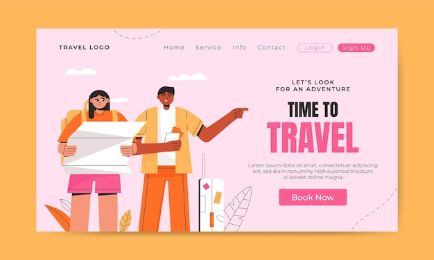Modello di pagina di destinazione di viaggio Personaggio turistico con bagaglio Illustrazione piatta disegnata a mano