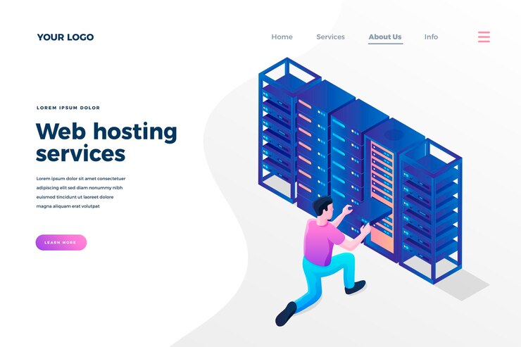 Vettore modello di pagina di destinazione isometrica dei servizi di hosting web