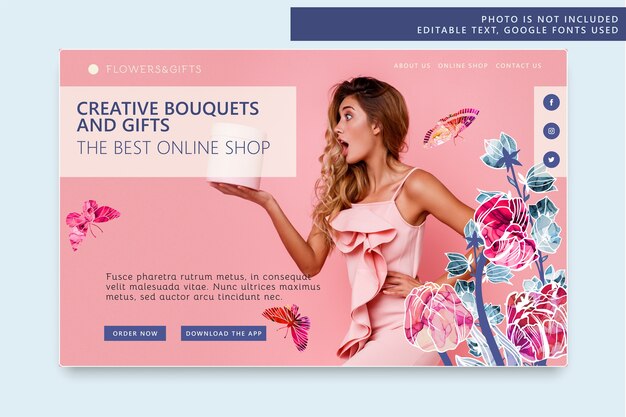 Modello di pagina di destinazione modificabile con fiori astratti alla moda - tulipani e farfalle. Floreale moderno