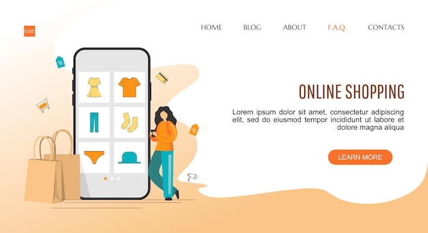 Modello di pagina di destinazione per lo shopping online con carattere, telefono e testo