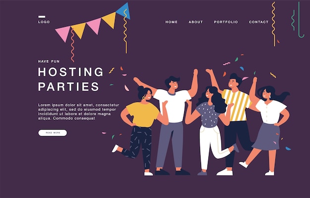 Modello di pagina di destinazione per siti Web con giovani che si divertono. Illustrazione dell'insegna di concetto di feste di hosting.