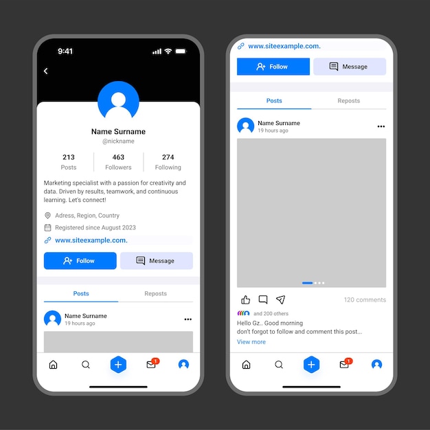 Modello di pagina di profilo e modello di post per il profilo dei social media