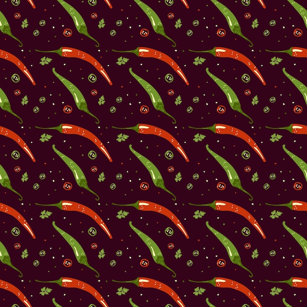 Modello di peperoncino rosso e verde caldo Illustrazione disegnata a mano sana Ripetere lo sfondo per lo sfondo