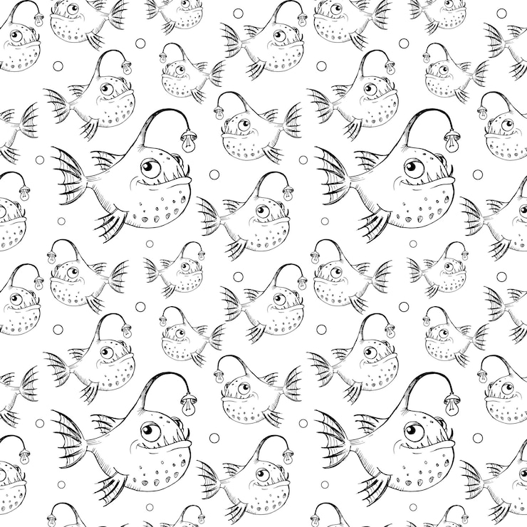 Vettore modello di pesce. pesci divertenti disegnati a mano con torce elettriche in stile cartone animato su sfondo bianco. contesto senza giunte di vettore. bianco e nero.