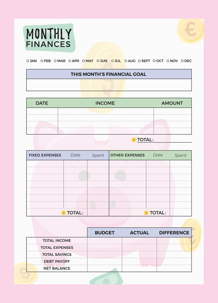 Vettore modello di pianificazione finanziaria mensile pagina dell'organizzatore aziendale stampabile, semplice e colorata foglio di carta