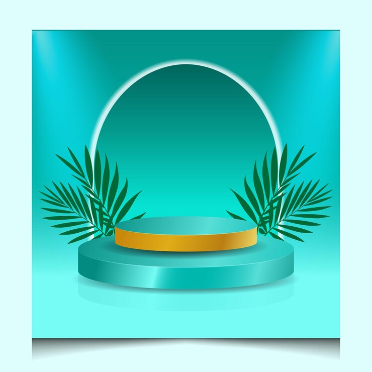 Modello di podio 3d oro di lusso vuoto su sfondo sfumato ciano per la visualizzazione di prodotti premium
