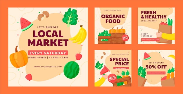 Modello di post di instagram del mercato locale disegnato a mano