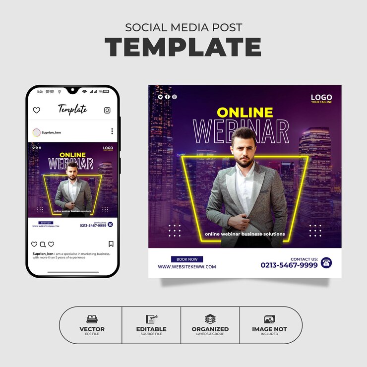 Vettore modello di post di instagram sui social media per webinar online