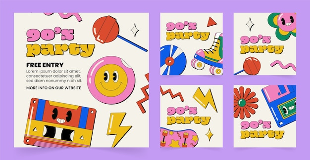 Modello di post instagram party anni '90 disegnato a mano