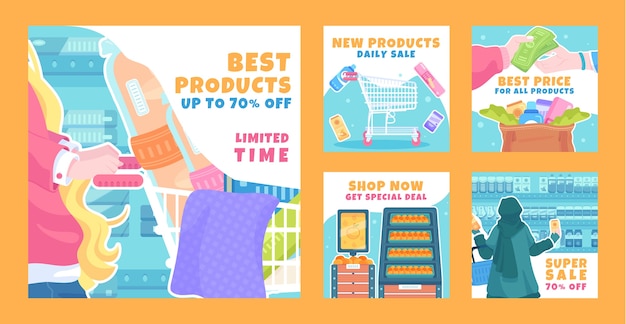 Modello di post instagram supermercato disegnato a mano