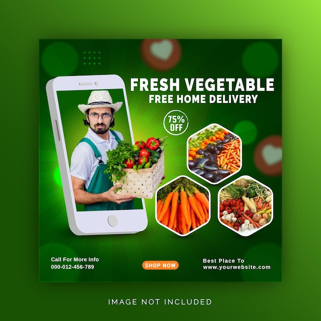 Modello di post sui social media per la promozione della consegna di generi alimentari di frutta e verdura fresca concetto unico