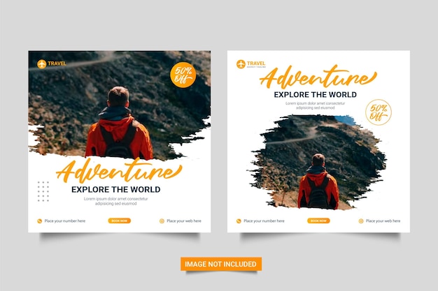 Modello di post sui social media per la vendita di viaggi. Design di banner pubblicitari per vacanze e tour. Bandiera web