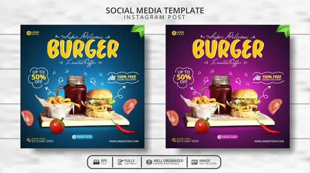 Modello di post sui social media per menu di hamburger e cibo super delizioso