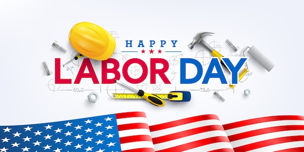 Modello di poster del Labor Day Celebrazione della Festa del lavoro degli Stati Uniti con bandiera americana