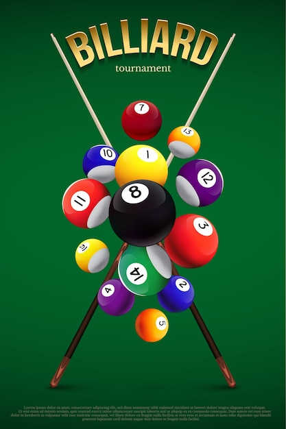 Modello di poster del torneo di biliardo, diverse palle da biliardo che cadono e due stecche incrociate su sfondo verde.