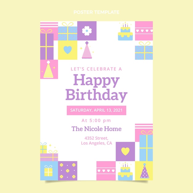 Modello di poster di compleanno mosaico design piatto