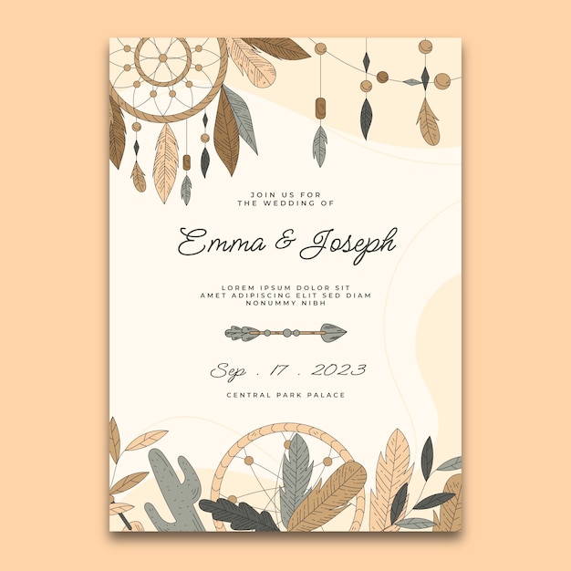 Modello di poster di matrimonio boho disegnato a mano
