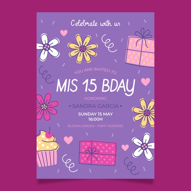 Modello di poster di quinceañera disegnato a mano