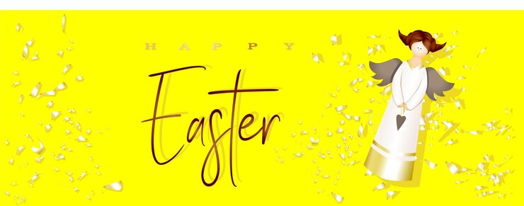 Vettore modello di poster e banner di pasqua con angelo su sfondo giallo brillante congratulazioni