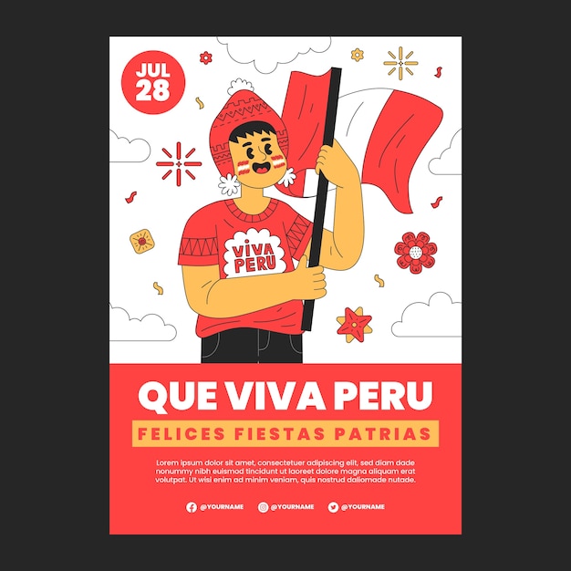 Modello di poster fiestas patrias perù disegnato a mano con persona che tiene bandiera