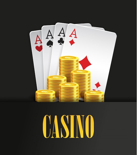 Modello di poster o banner di casinò o flyer. Invito alla mazza con carte da gioco e monete d&#39;oro in volo. Design del gioco. Giocare a giochi da casinò. Illustrazione vettoriale Combinazione di quattro assi.