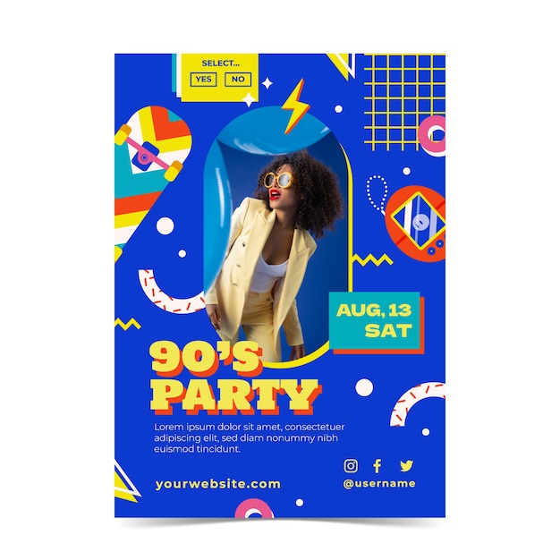 Modello di poster per feste retrò anni '90 piatto