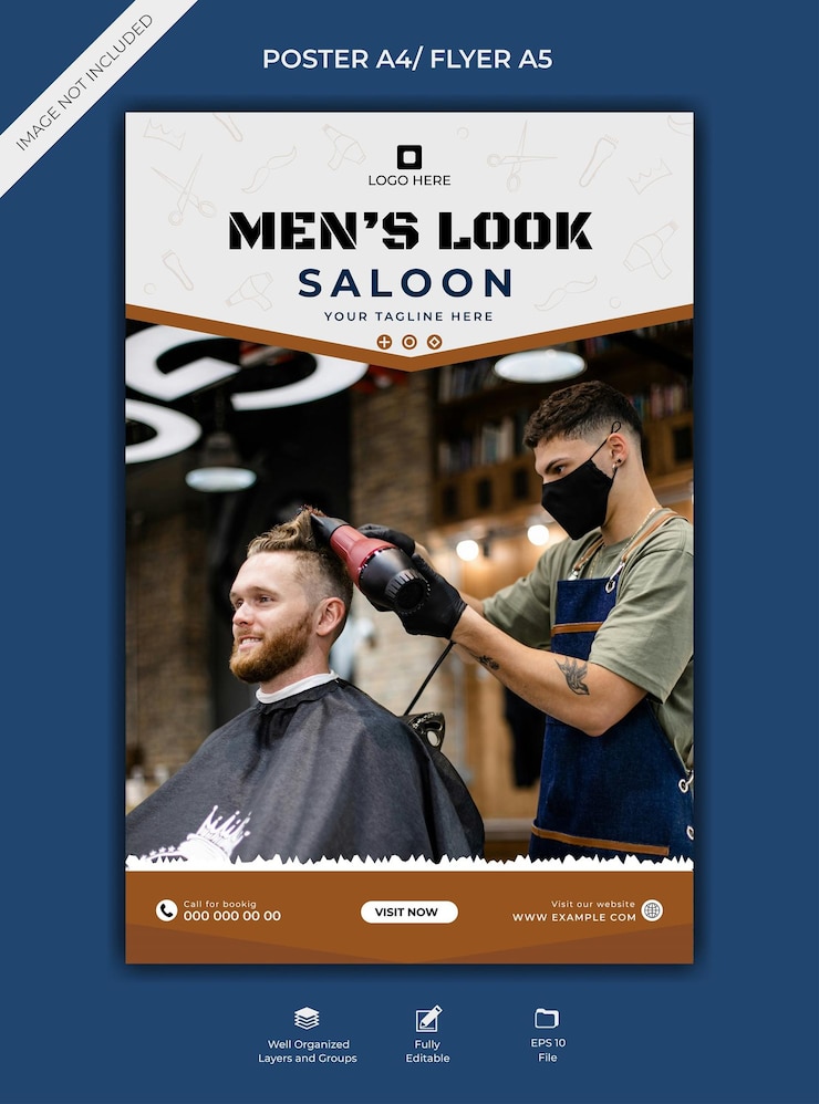 Vettore modello di poster per parrucchiere maschile con barbiere e cliente flyer di promozione per taglio di capelli modificabile
