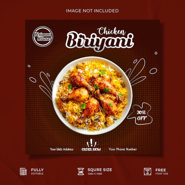 Modello di poster promozionale per i social media di Chicken Biriyani