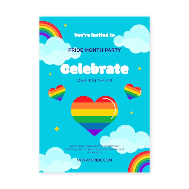 Modello di poster verticale del mese dell'orgoglio piatto con arcobaleno