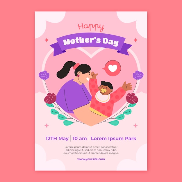 Modello di poster verticale disegnato a mano per la celebrazione della Festa della Madre