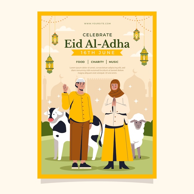 modello di poster verticale islamico piatto per l'Eid al-Adha