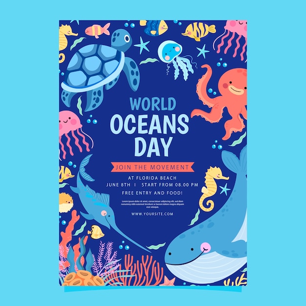 Modello di poster verticale per la Giornata degli oceani del mondo piatto